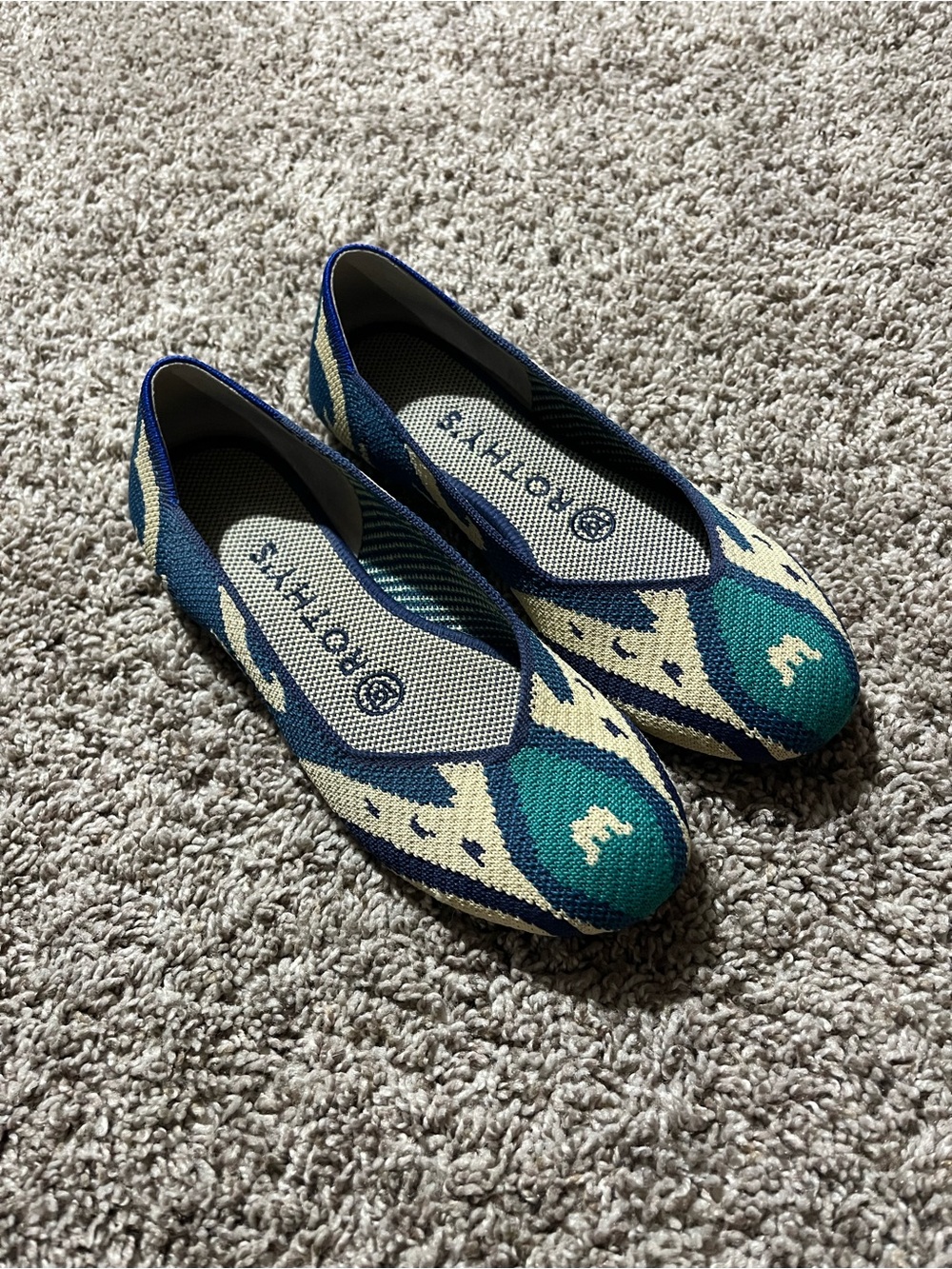 Rothy’s Women’s Blue Teal Geometric Knit Pointed/Flat Slip-On Shoes Size 5.5